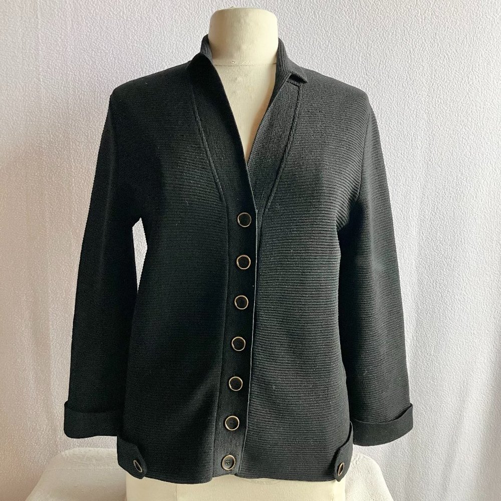 Vintage 1950s Black Wool Ribbed Knit Cardigan Sweater